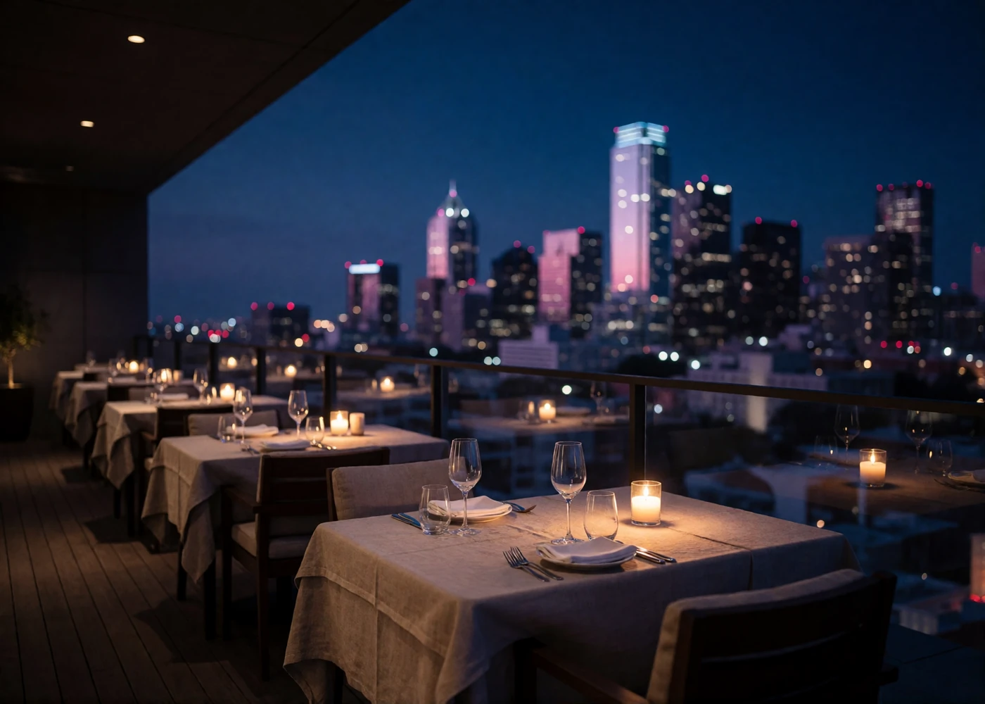 Empty candlelit rooftop restaurant terrace overlooking the Dallas skyline at blue hour