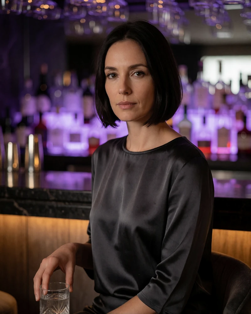 Woman in her late thirties with a dark blunt bob in a charcoal satin top seated at a hotel bar