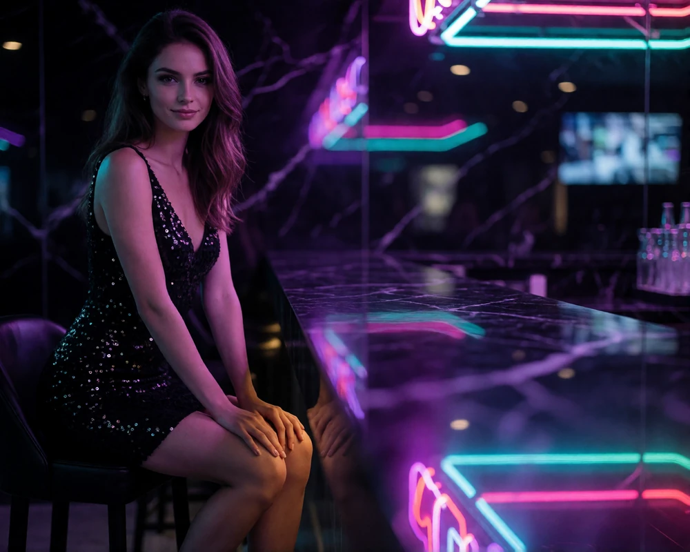Woman in a sequined dress seated at a marble bar in a neon-lit Las Vegas lounge