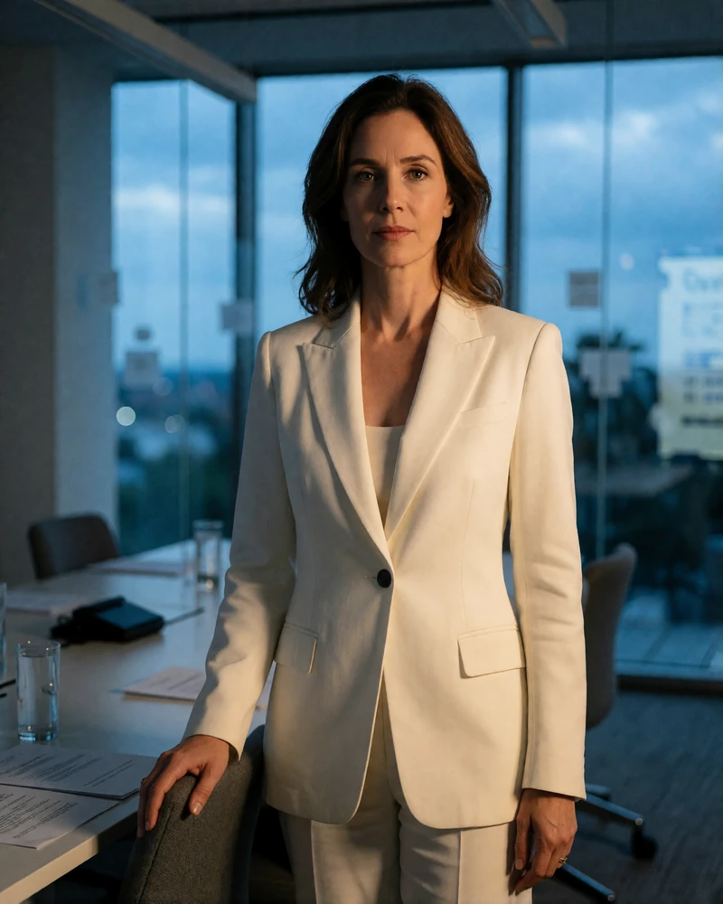 Woman in her early forties in an ivory blazer standing beside a table in a modern boardroom at dusk