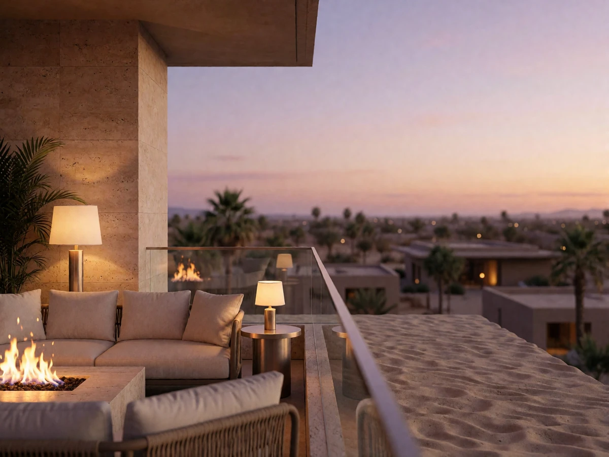 Scottsdale rooftop lounge at dusk with a fire feature, glass balustrade and desert-city panorama beyond