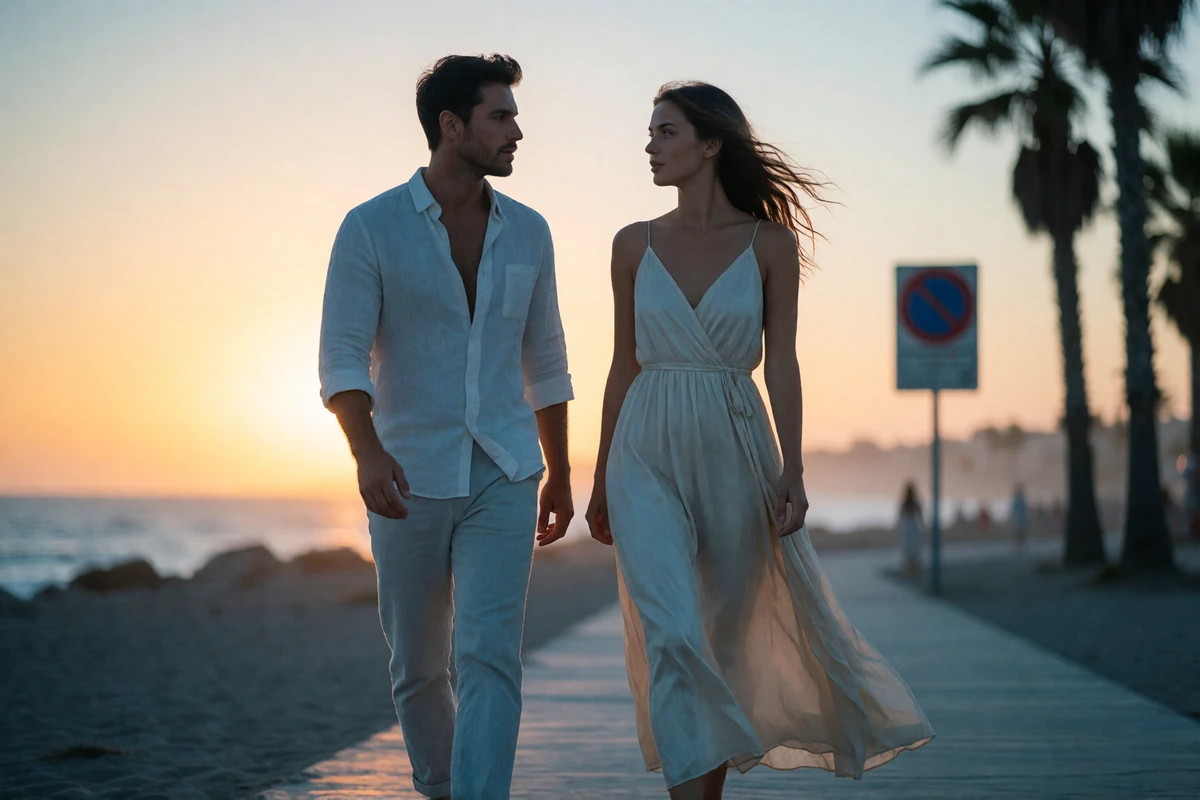 Couple walking along a San Diego coastal boardwalk at sunset, deep in conversation with the ocean behind them
