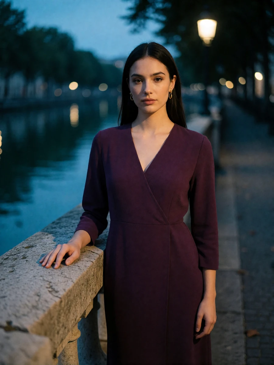 Woman in a deep-plum wrap dress standing beside the Canal Walk promenade at dusk