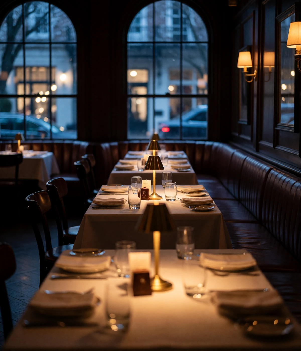 Dimly lit upscale Houston steakhouse dining room with leather banquettes and arched windows at night