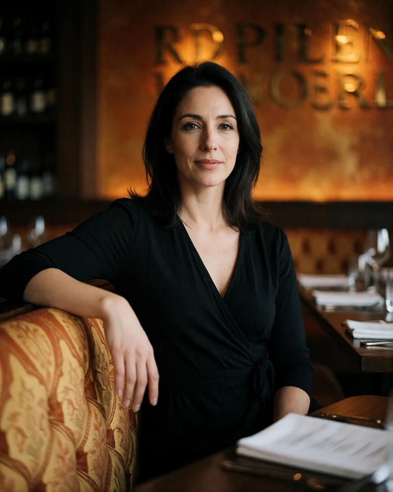 Woman in her early forties with dark hair in a black wrap dress seated at a restaurant banquette