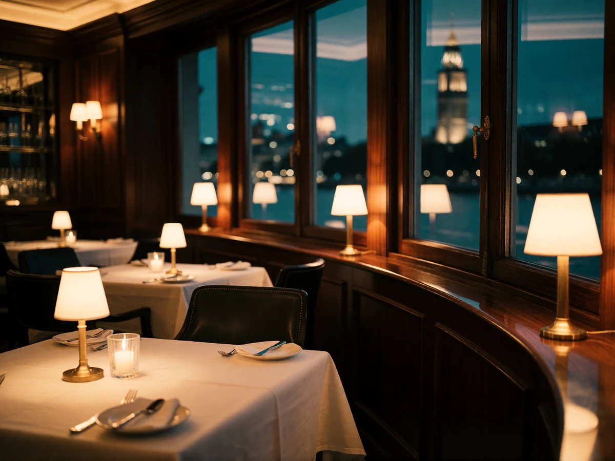 Empty upscale riverside restaurant dining room in Chicago with candlelit tables and a view of the lit skyline