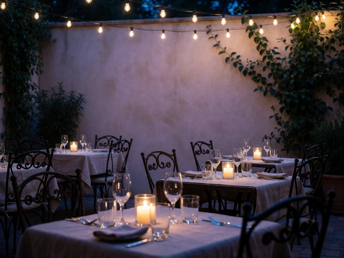 Candlelit courtyard restaurant with wrought-iron tables and string lights against a stucco wall in San Antonio at night