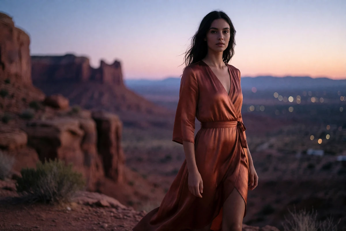 Woman in a rust-toned silk wrap dress standing on a desert overlook at dusk with distant valley lights in the background