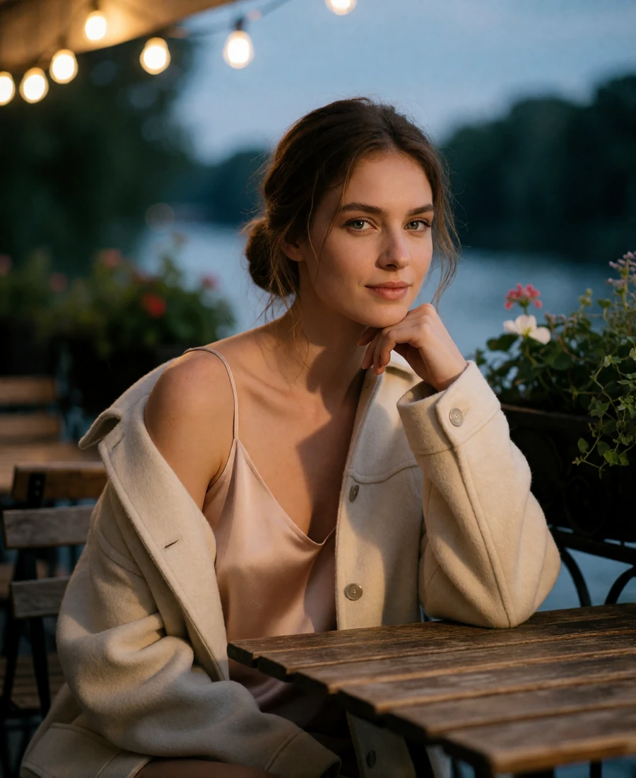 Woman in a blush silk camisole seated at a café table on a riverside terrace at dusk