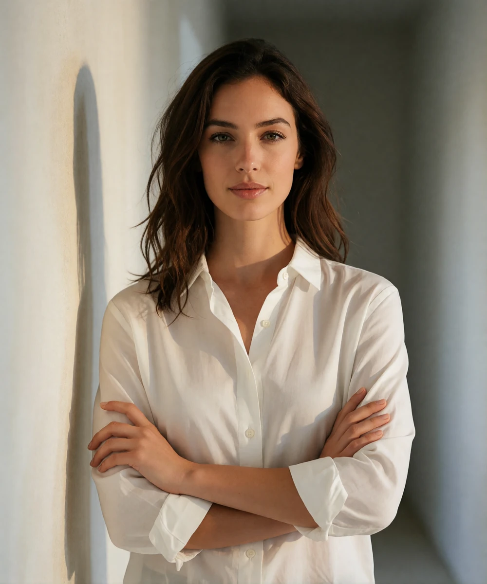 Woman in a crisp white shirt standing confidently in a bright minimalist hallway