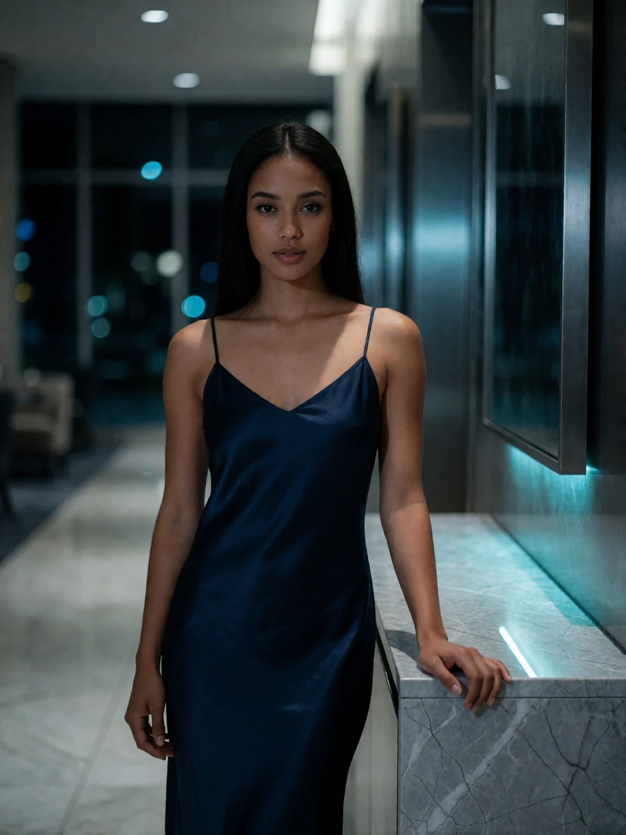 Woman in a navy satin slip dress standing in a modern downtown Orlando hotel lobby at night