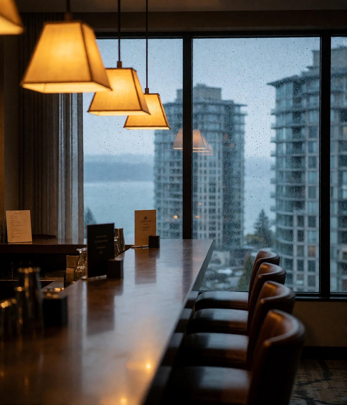 Refined Seattle hotel bar with warm pendant lamps beside a rain-streaked window overlooking the city at dusk