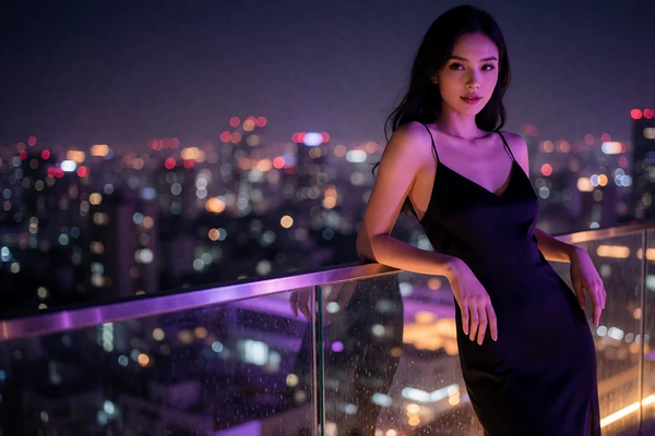Woman in a black slip dress leaning against a glass rooftop railing at night with city skyline behind her