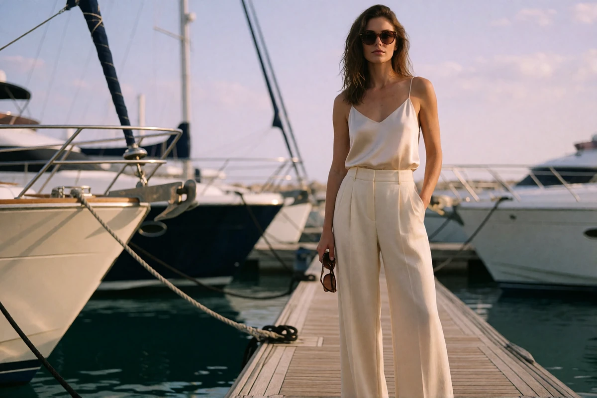 Woman in cream wide-leg trousers and a silk camisole standing on a marina dock among moored yachts in late afternoon light