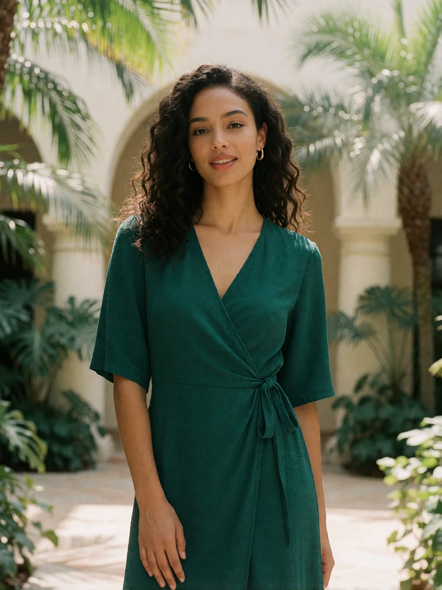 Woman in an emerald wrap dress smiling in a sunlit hotel courtyard in Orlando