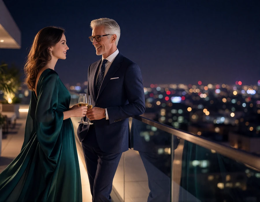 Woman in a dark emerald gown and a silver-haired man in a navy suit talking at a rooftop railing at night