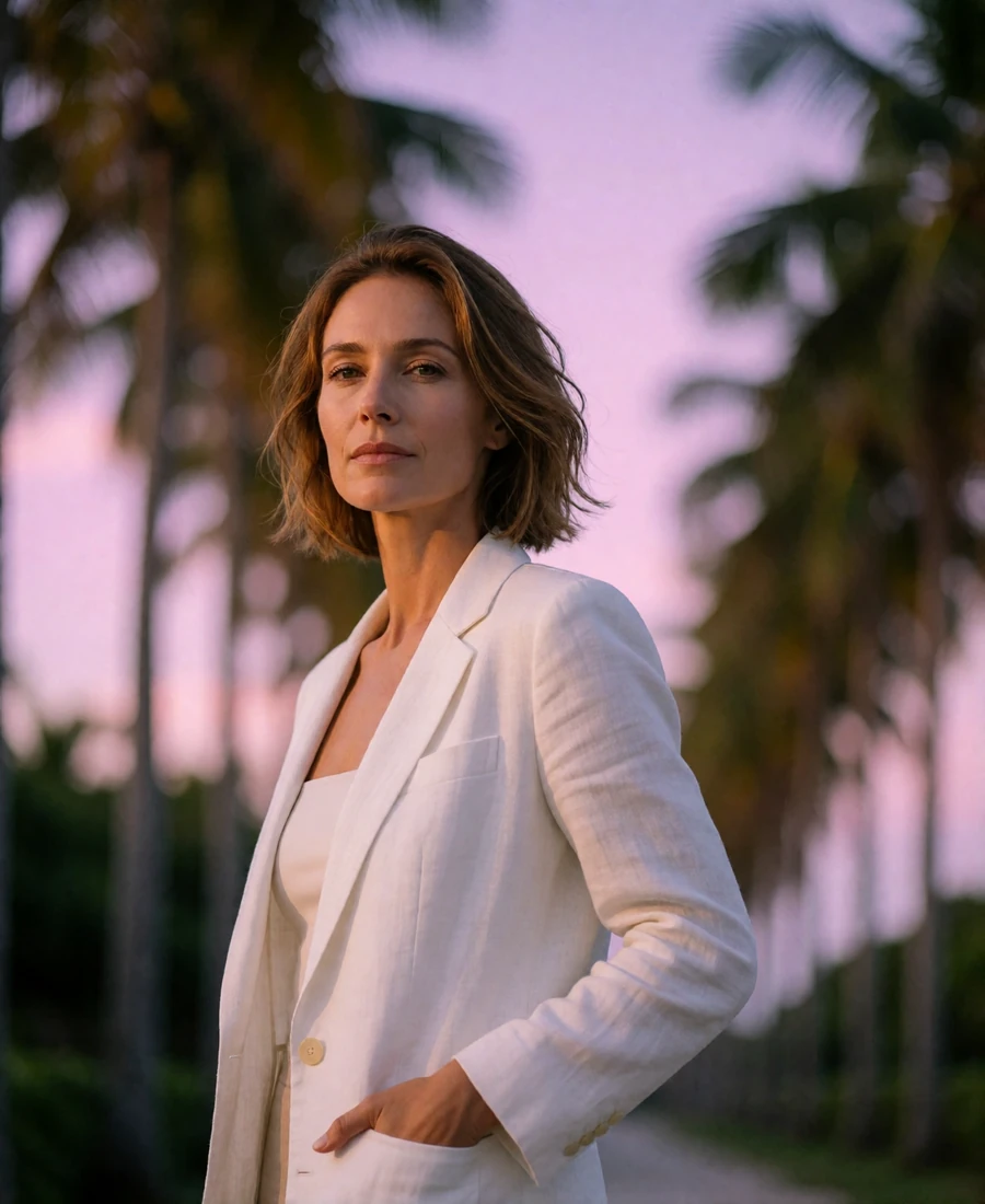 Woman in her late thirties in a white linen blazer on a palm-lined Miami avenue at dusk