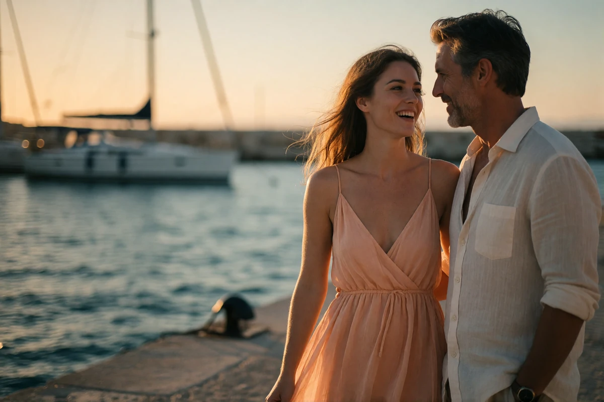 Couple standing together on a harborside promenade at sunset with sailboat masts blurred in the background
